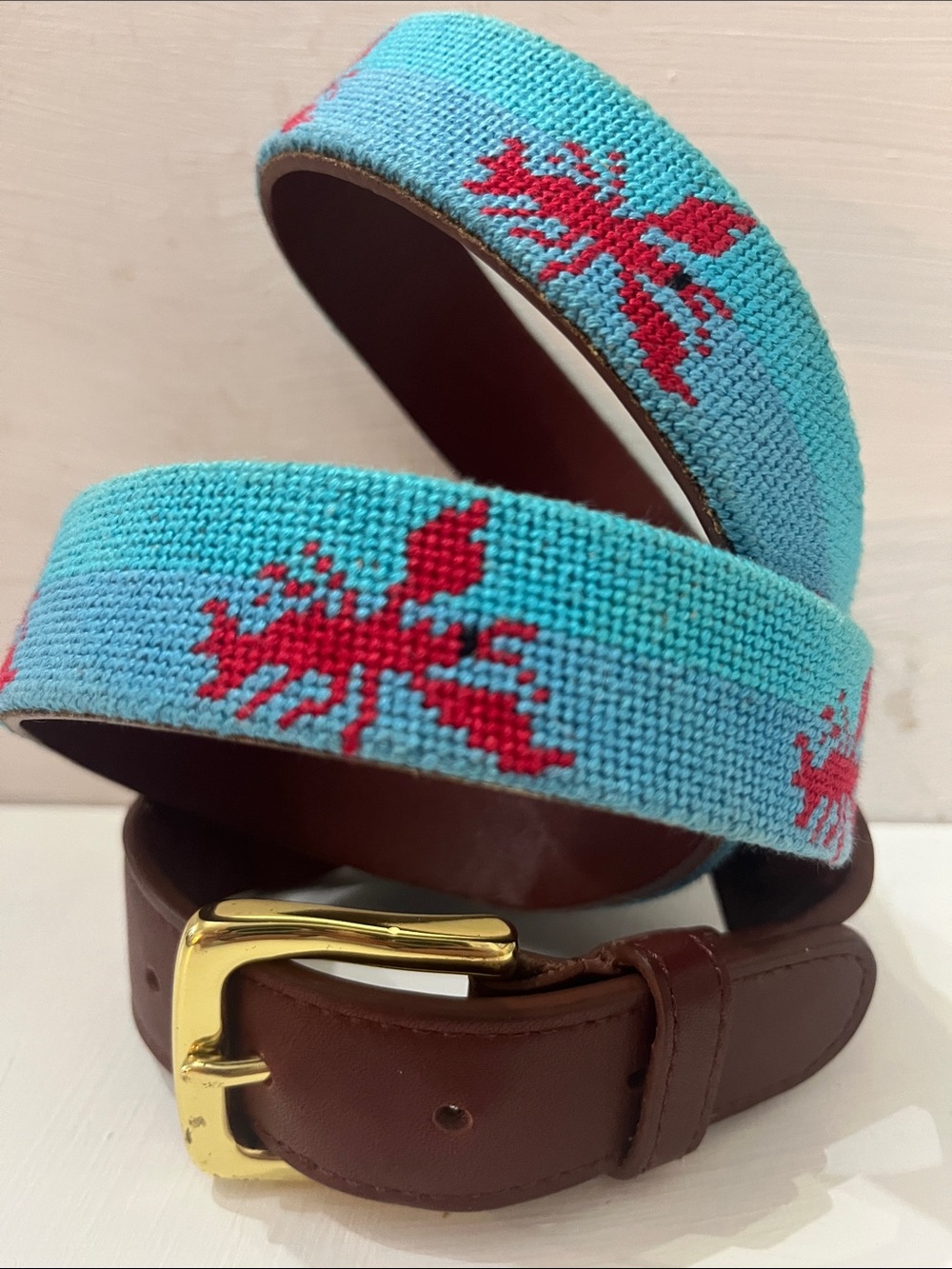 Tucker Blair Handmade Blue Needlepoint Lobster Belt Brass Buckle Sz 38